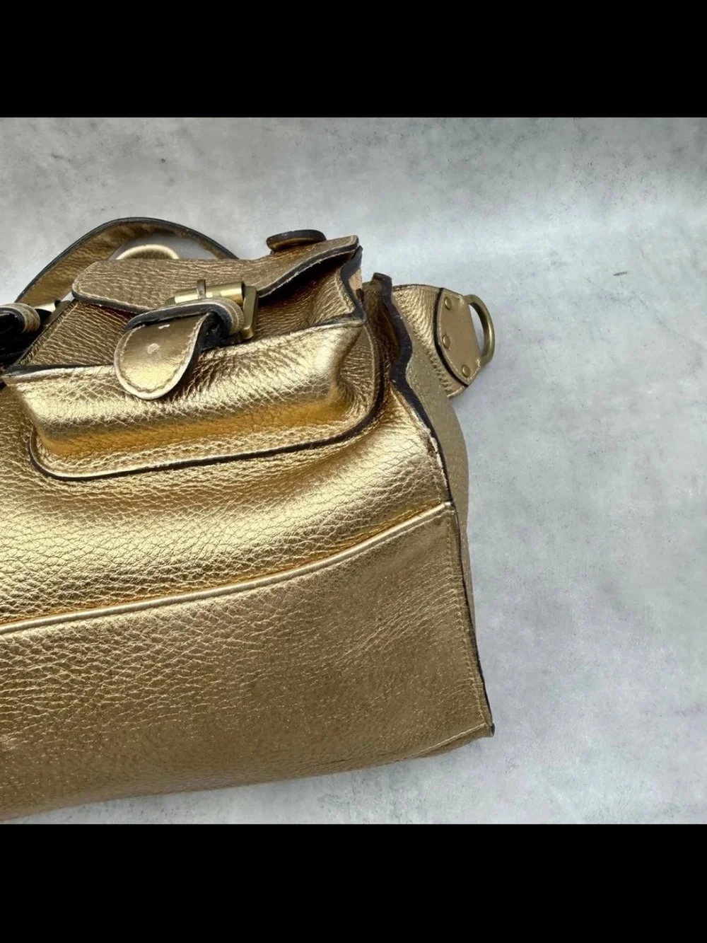Mulberry Metallic Gold Leather Satchel with Buckle Pockets